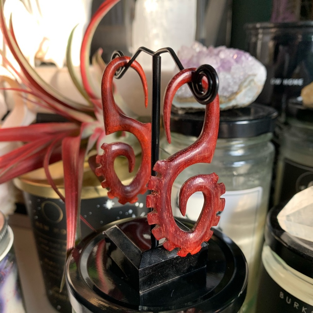 Abaraka 6g Bloodwood hand carved “vertebrae” hanger earrings